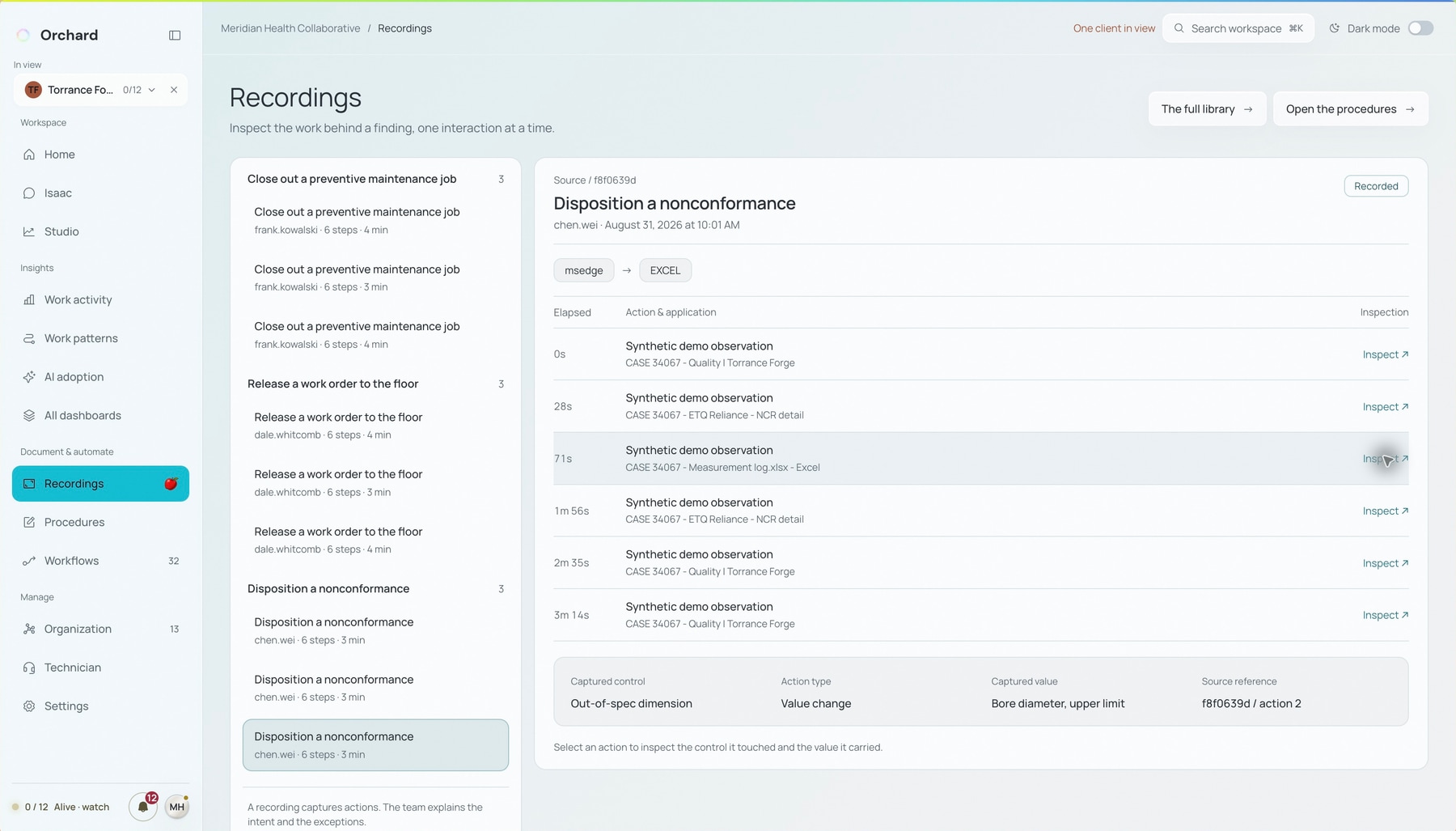 Recording inspector showing captured applications, actions and field values in a synthetic sample task