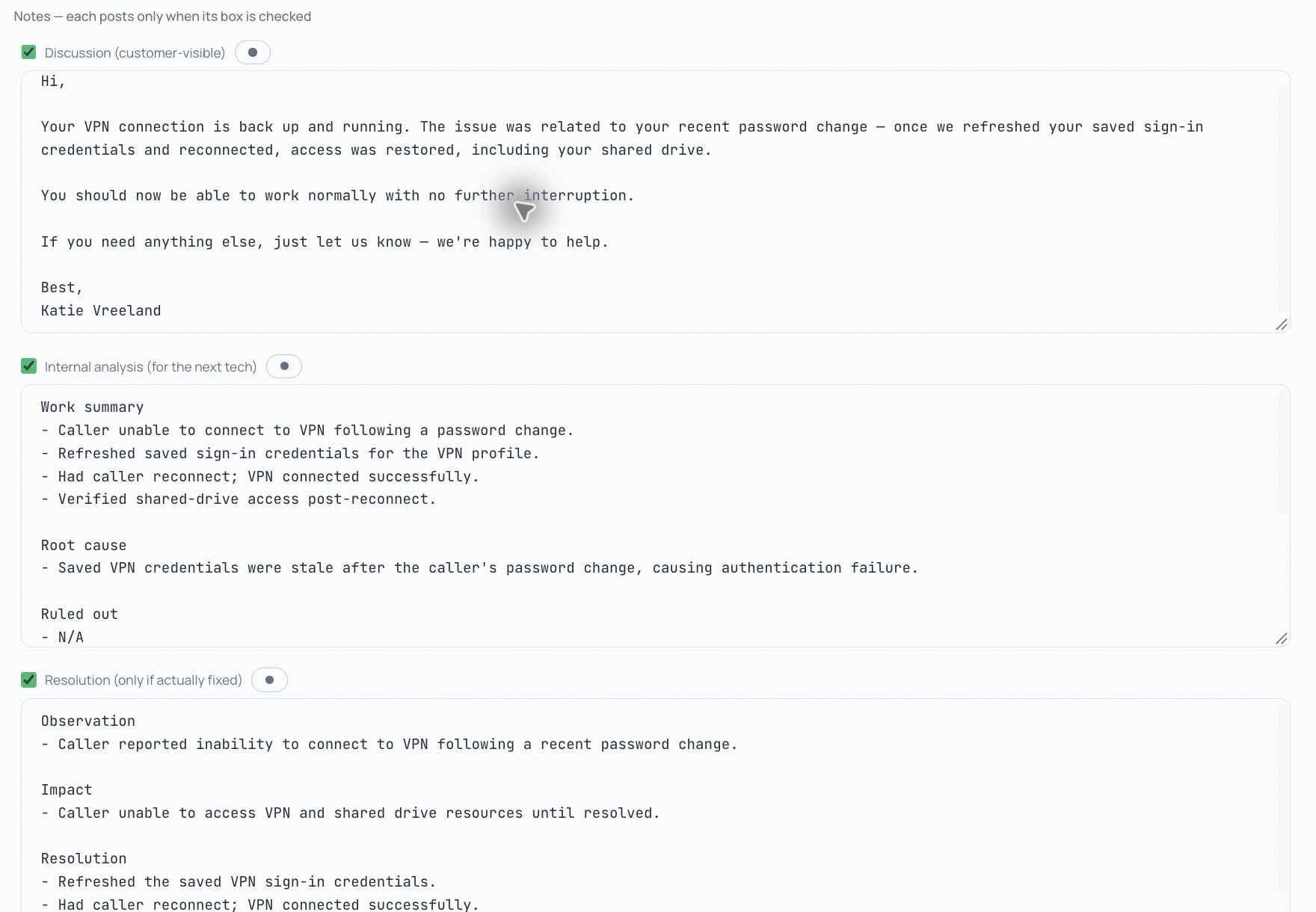 Live Technician draft with editable customer discussion, internal analysis and resolution notes for a fictional VPN support request