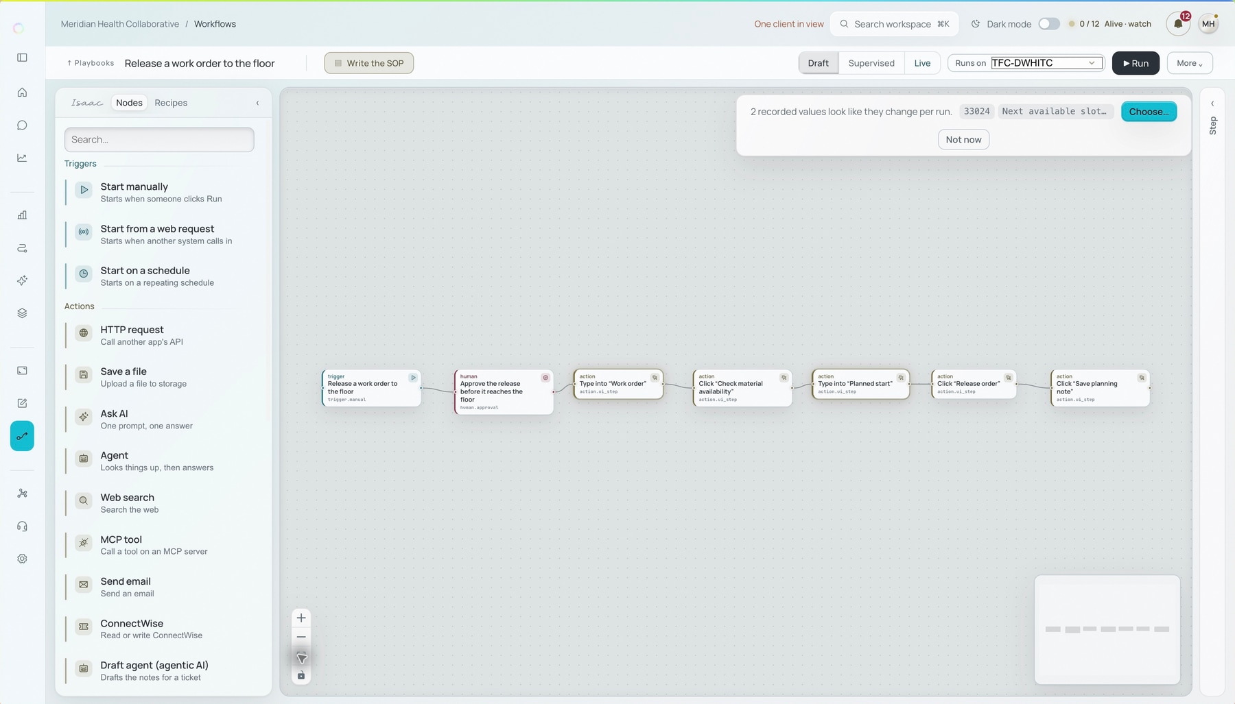 Live draft workflow for releasing a production work order, with a human approval step before desktop actions